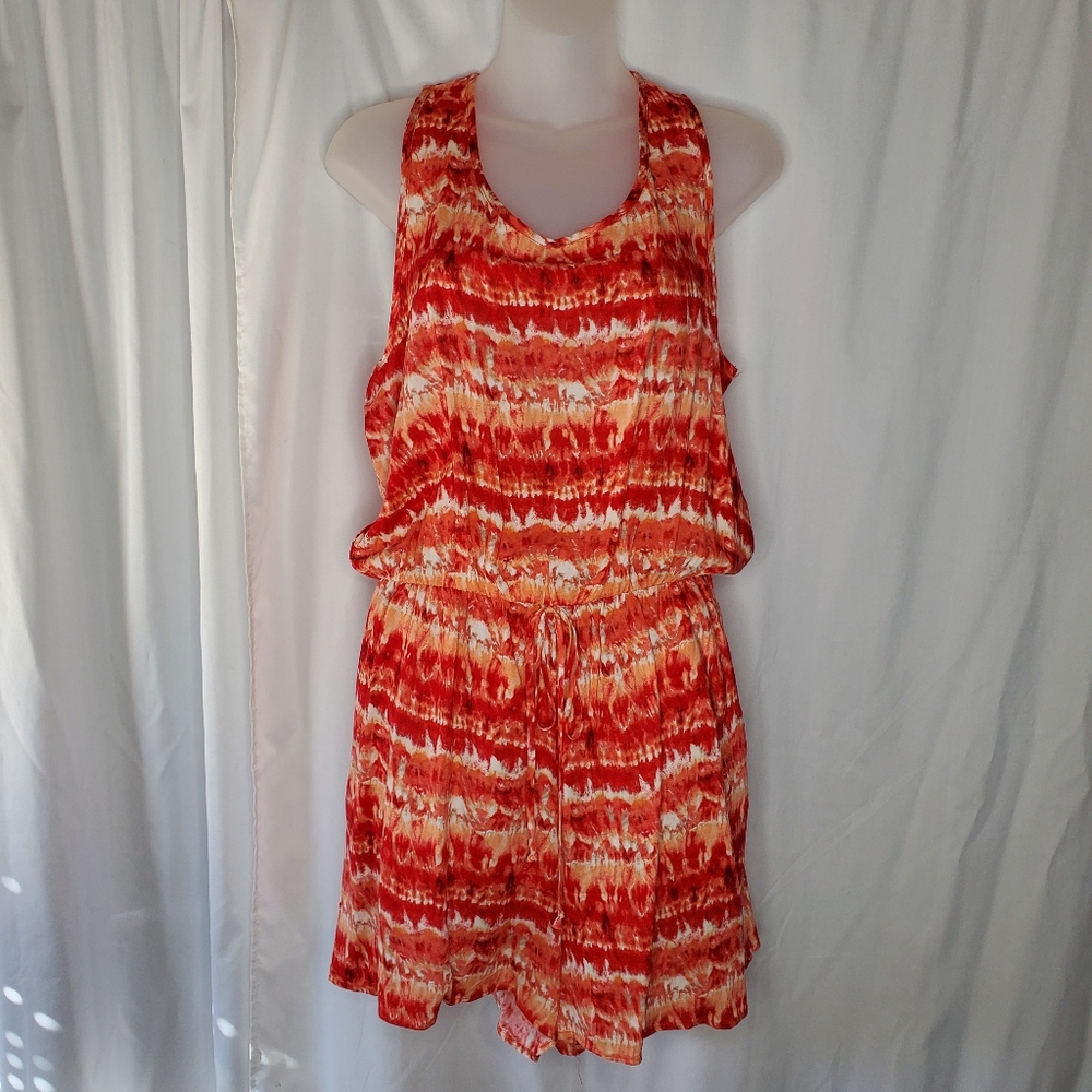 ♤ Entro Tie Dye Sleeveless Elastic Waist Romper Size Large Orange White Yellow